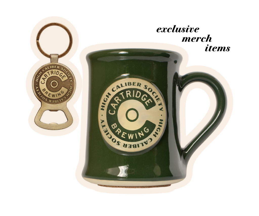 Exclusive merch items: a green ceramic beer stein with Cartridge logo and a gold bottle opener keychain with Cartridge logo